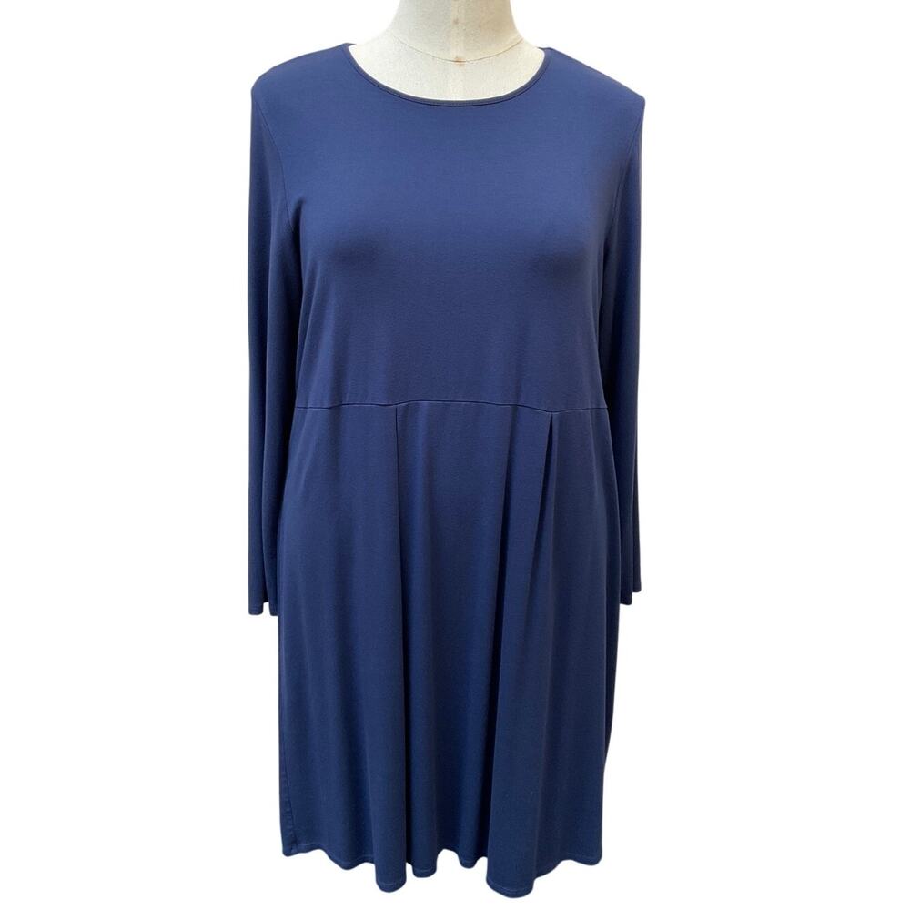 J Jill Wearever Dress Women XL Blue Long Sleeve Empire Waist Pleated Knit